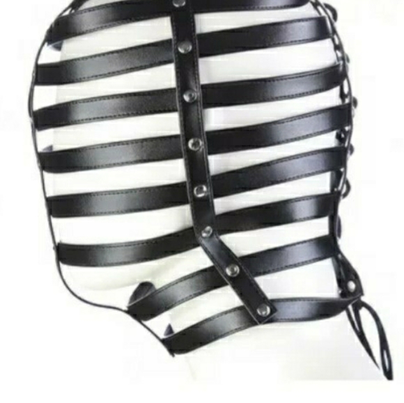 NEW Leather Cage Harness Mask EDC Punk Rave Fetish Halloween Sexy Black Headmask - Picture 3 of 4